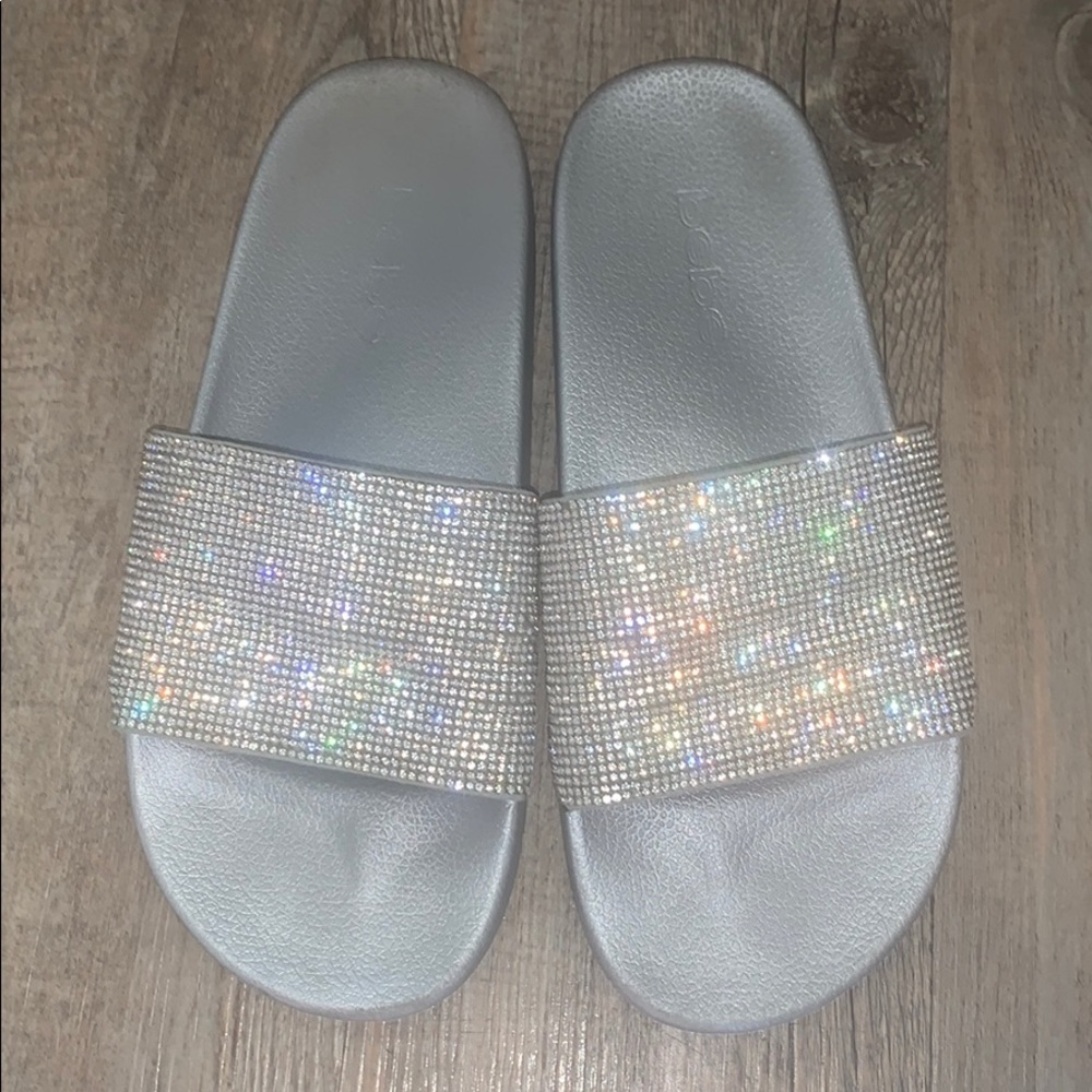 Silver Rhinestone Bebe Slides
